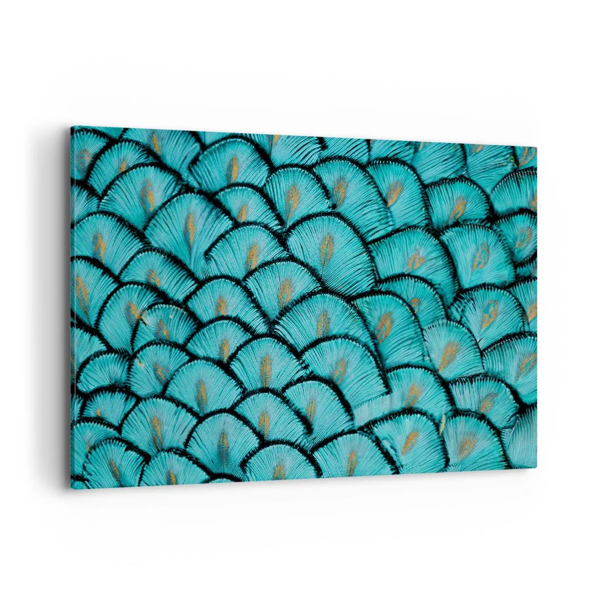 Impression sur toile - Image sur toile - Un motif ressemblant à des écailles turquoise avec des accents dorés - 100x70cm - Le grand gala des plumes - Décoration murale moderne pour le salon et la chambre ARTTOR