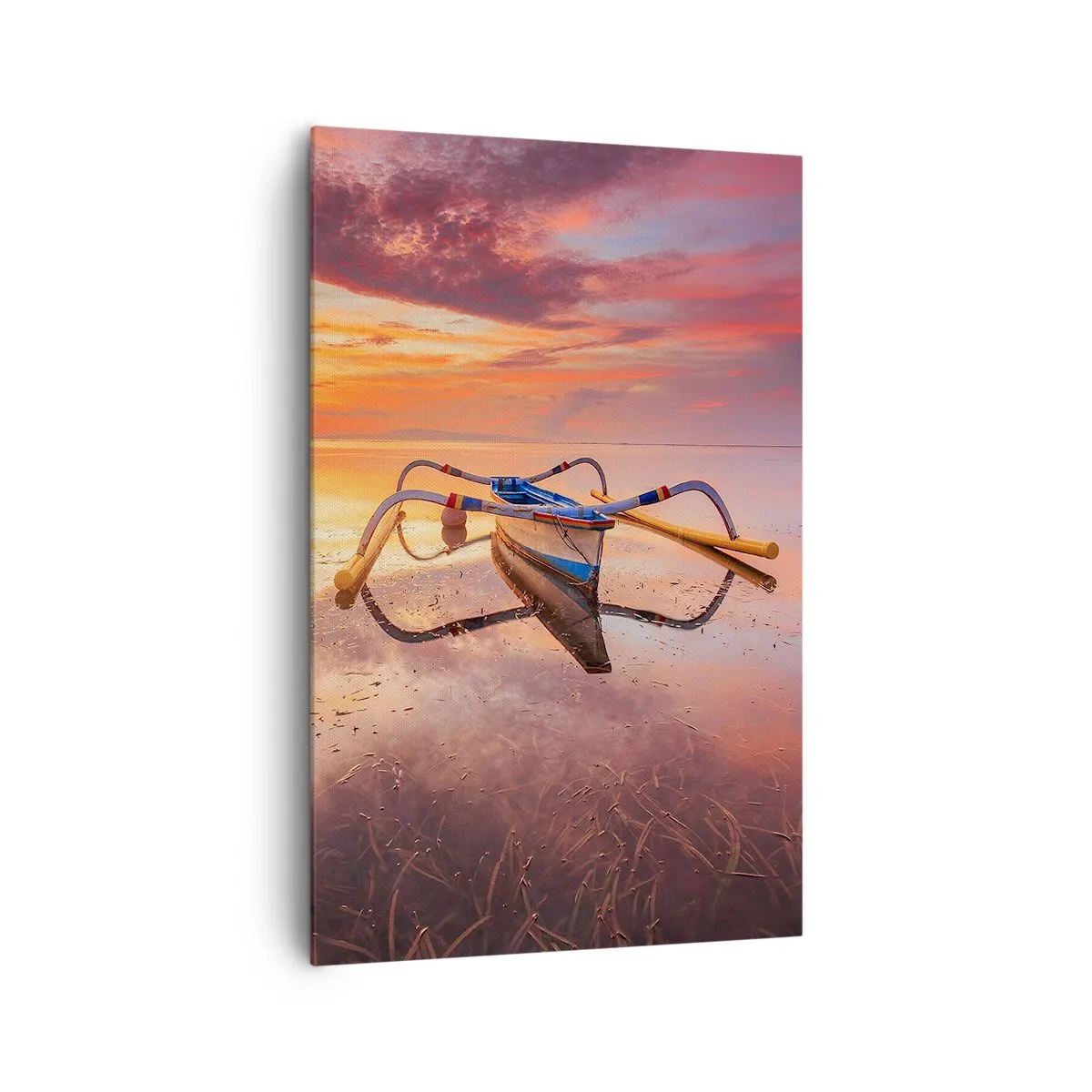 Impression sur toile - Image sur toile - Un bateau sur une eau calme au coucher du soleil - 80x120cm - Le calme d'une soirée tropicale - Décoration murale moderne pour le salon et la chambre ARTTOR