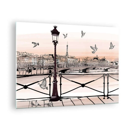Impression sur verre - Image sur verre - Illustration d'une rue parisienne avec vue sur la Tour Eiffel à l'aube - 70x50cm - Sur les toits de Paris - Décoration murale moderne pour le salon et la chambre ARTTOR