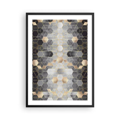 Affiche dans un cadre noir - Poster - Motif hexagonal géométrique dans les tons d'or et de gris - 50x70cm - Composition de diamants - Décoration murale moderne pour le salon et la chambre ARTTOR