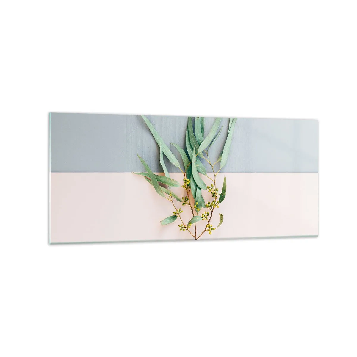 Impression sur verre - Image sur verre - Une branche avec des feuilles sur un fond de tons pastel - 120x50cm - Subtilité pastel - Décoration murale moderne pour le salon et la chambre ARTTOR