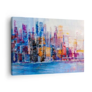 Impression sur toile - Image sur toile - Un panorama coloré de la ville avec des reflets sur l'eau - 70x50cm - Une métropole joyeuse - Décoration murale moderne pour le salon et la chambre ARTTOR