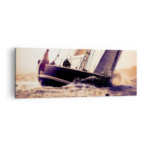 Impression sur toile - Image sur toile - Un yacht sur une mer agitée à la lumière du soleil couchant - 140x50cm - Navigue, marin - Décoration murale moderne pour le salon et la chambre ARTTOR