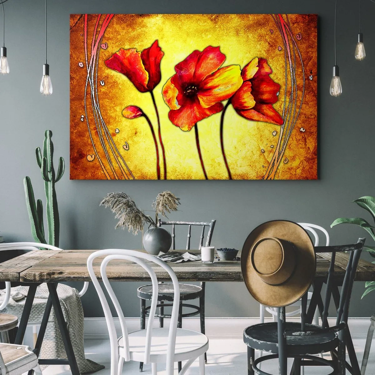 Impression sur toile - Image sur toile - Fleurs rouges et jaunes sur fond doré avec motifs décoratifs - 120x80cm - Dans la décoration Art Nouveau - Décoration murale moderne pour le salon et la chambre ARTTOR