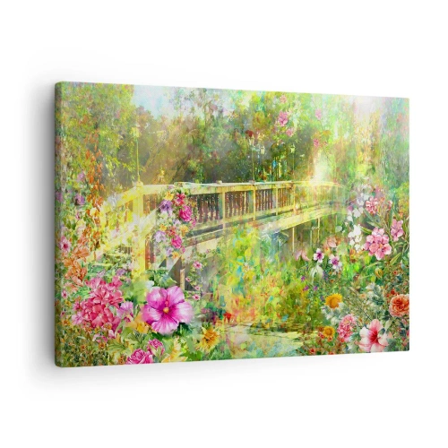 Impression sur toile - Image sur toile - Un pont entouré d'une végétation luxuriante et de fleurs - 70x50cm - Le soupire d'un pont de printemps - Décoration murale moderne pour le salon et la chambre ARTTOR