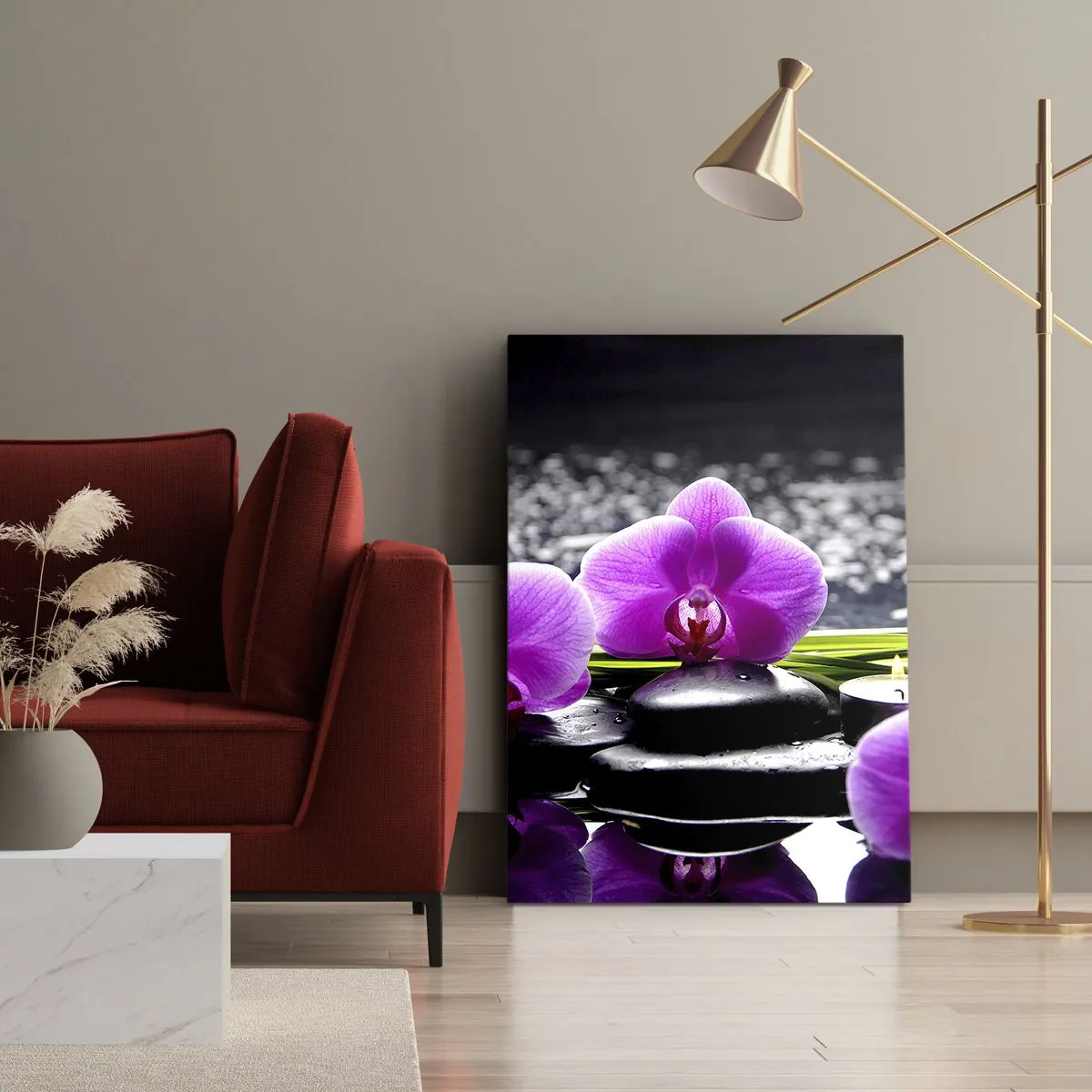 Impression sur toile - Image sur toile - Orchidées violettes sur fond de pierres et de bougies dans un cadre relaxant - 70x100cm - Se noyer dans la paix et la tranquillité - Décoration murale moderne pour le salon et la chambre ARTTOR