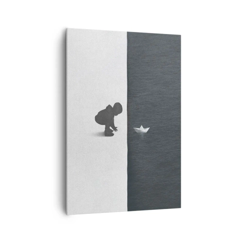 Impression sur toile - Image sur toile - Une figure d'enfant avec un bateau en papier sur un fond de moitiés contrastées - 70x100cm - Grande expédition - Décoration murale moderne pour le salon et la chambre ARTTOR