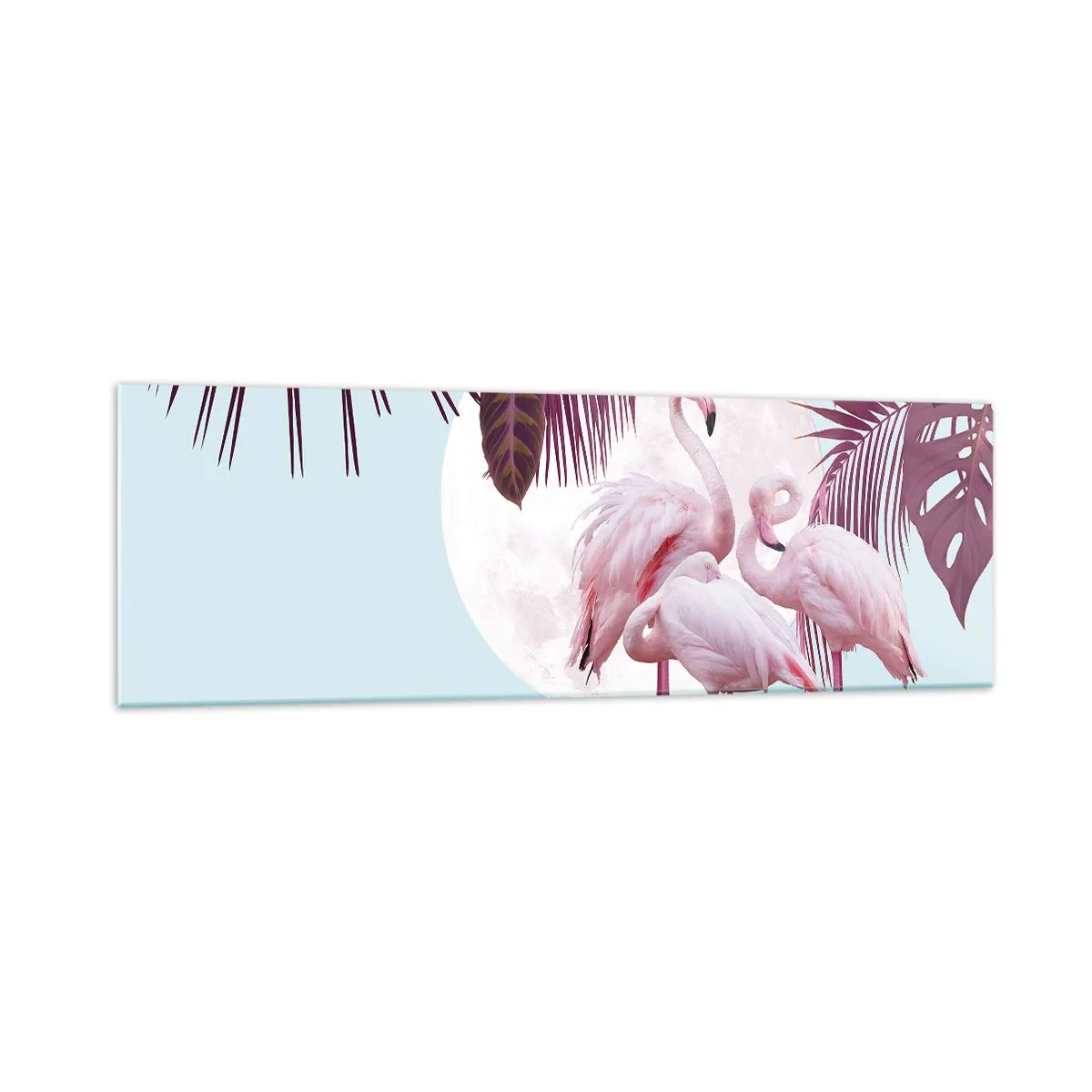 Impression sur verre - Image sur verre - Flamants roses sur fond de lune et de feuilles tropicales - 160x50cm - Trois oiseaux gracieux - Décoration murale moderne pour le salon et la chambre ARTTOR