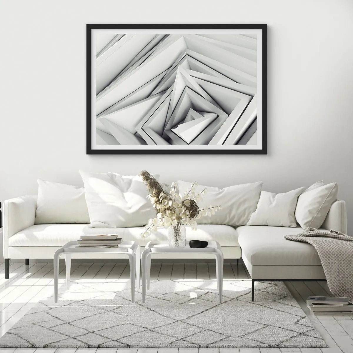 Affiche dans un cadre noir - Poster - Une composition abstraite de formes géométriques dans des tons de gris. - 70x50cm - Bourgeon d’angles vifs - Décoration murale moderne pour le salon et la chambre ARTTOR