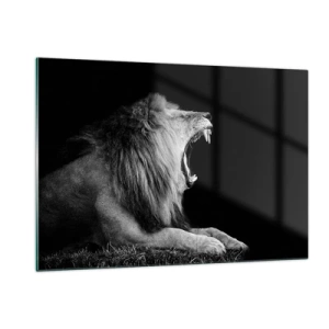 Impression sur verre - Image sur verre - Portrait noir et blanc d'un lion rugissant contre une ombre - 120x80cm - Sans aucun doute - Décoration murale moderne pour le salon et la chambre ARTTOR