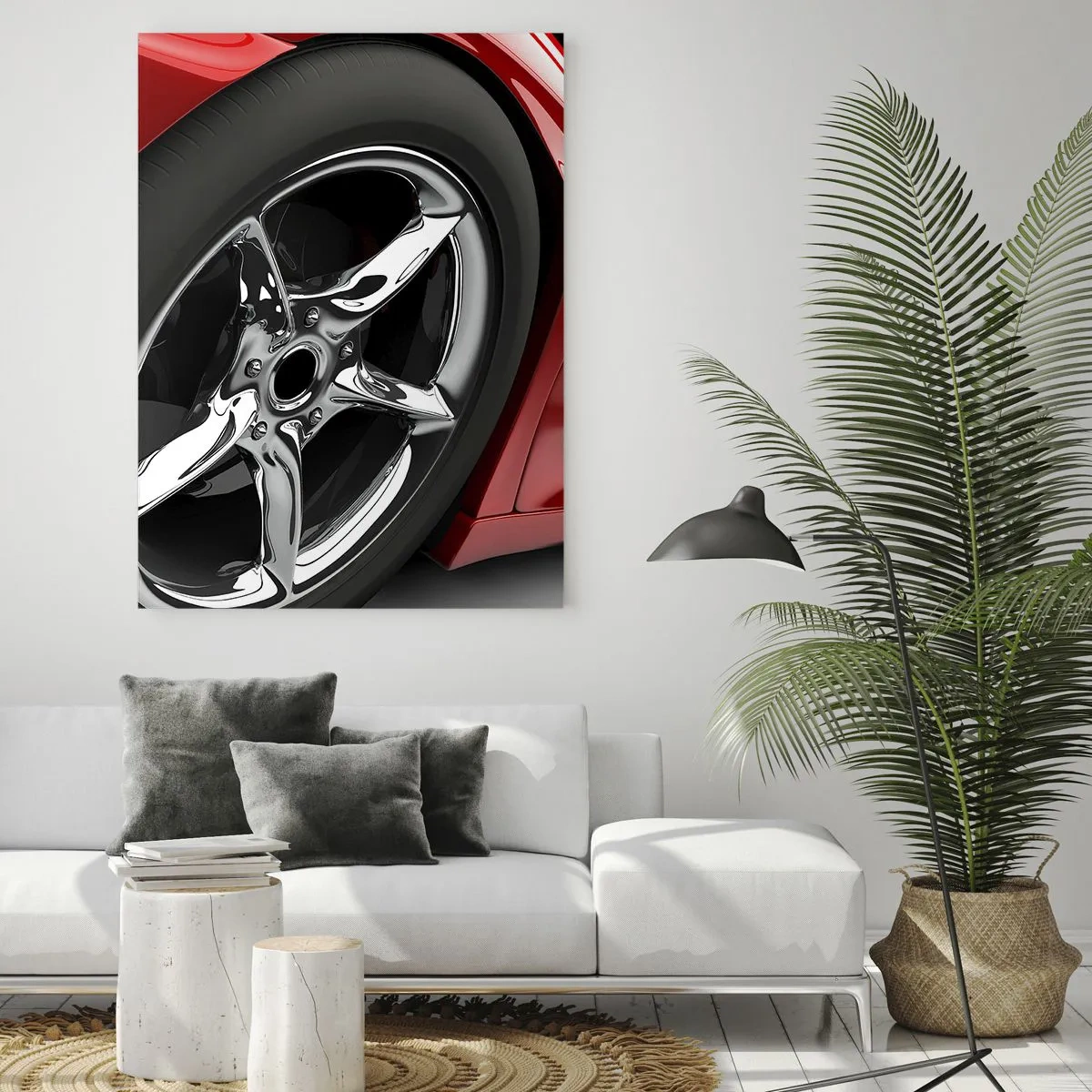 Impression sur verre - Image sur verre - Voiture de sport rouge avec jantes chromées - 80x120cm - Conçu pour la vitesse - Décoration murale moderne pour le salon et la chambre ARTTOR