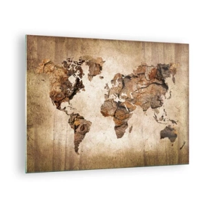 Impression sur verre - Image sur verre - Une carte du monde aux tons bruns imitant le bois - 70x50cm - Découverte du monde - Décoration murale moderne pour le salon et la chambre ARTTOR