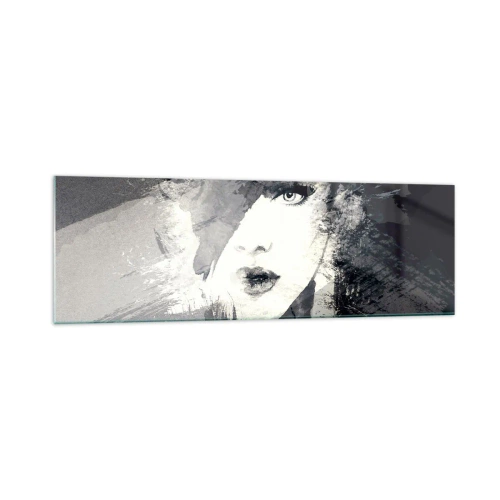 Impression sur verre - Image sur verre - Un portrait abstrait d'une femme dans des tons de gris avec des accents délicats. - 160x50cm - Derrière un voile gris - Décoration murale moderne pour le salon et la chambre ARTTOR