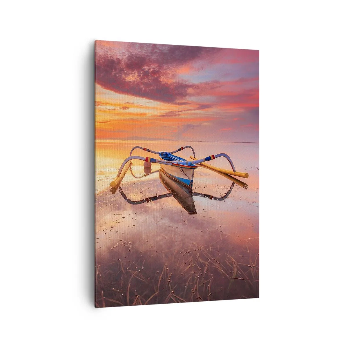 Impression sur toile - Image sur toile - Un bateau sur une eau calme au coucher du soleil - 70x100cm - Le calme d'une soirée tropicale - Décoration murale moderne pour le salon et la chambre ARTTOR