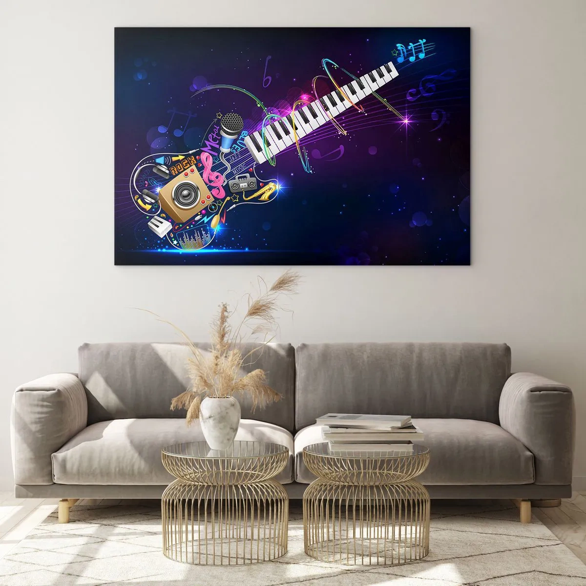 Impression sur verre - Image sur verre - Composition musicale colorée avec instruments et notes - 70x50cm - Et tout va bien - Décoration murale moderne pour le salon et la chambre ARTTOR