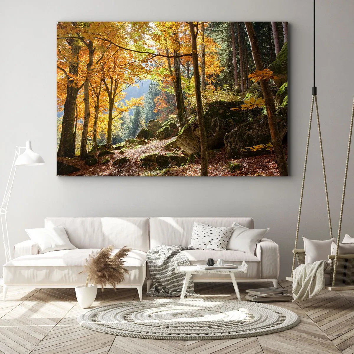 Impression sur toile - Image sur toile - Une forêt d'automne pleine de feuilles dorées et de soleil - 70x50cm - Il est temps de se détendre - Décoration murale moderne pour le salon et la chambre ARTTOR