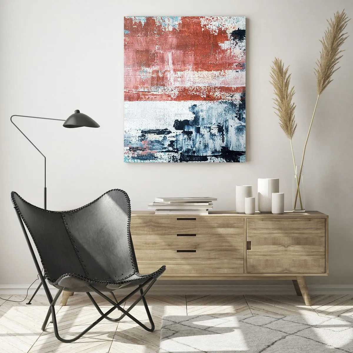 Impression sur verre - Image sur verre - Une combinaison abstraite de bleu et de rouge rouille - 50x70cm - Moitié-moitié abstrait - Décoration murale moderne pour le salon et la chambre ARTTOR