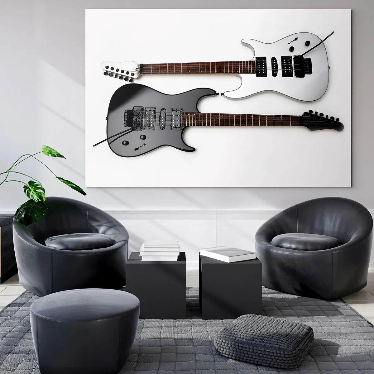 Impression sur verre - Image sur verre - Guitares électriques noires et blanches sur fond blanc - 120x80cm - Harmonie des formes - Décoration murale moderne pour le salon et la chambre ARTTOR