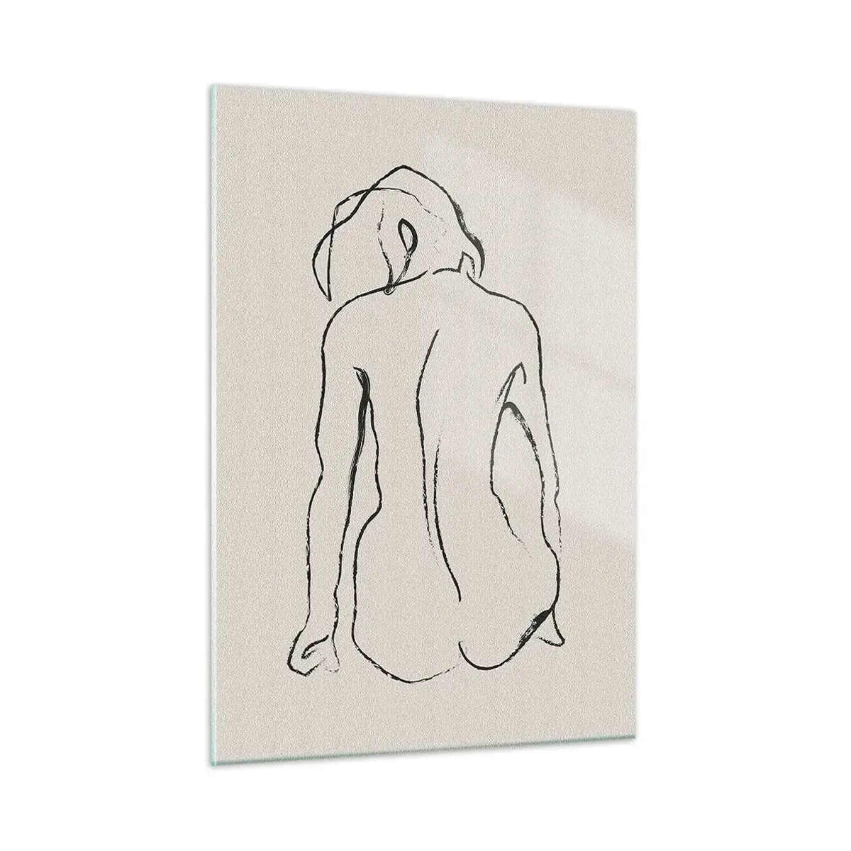 Impression sur verre - Image sur verre - Un croquis délicat d'une femme assise, dessiné en noir sur un fond clair. - 50x70cm - Femme nue - Décoration murale moderne pour le salon et la chambre ARTTOR