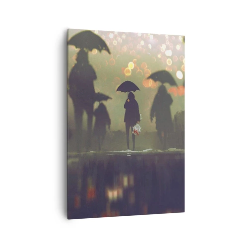 Impression sur toile - Image sur toile - Une silhouette avec un parapluie un soir pluvieux parmi les lumières de la ville - 70x100cm - Du point de vue d'une goutte de pluie - Décoration murale moderne pour le salon et la chambre ARTTOR