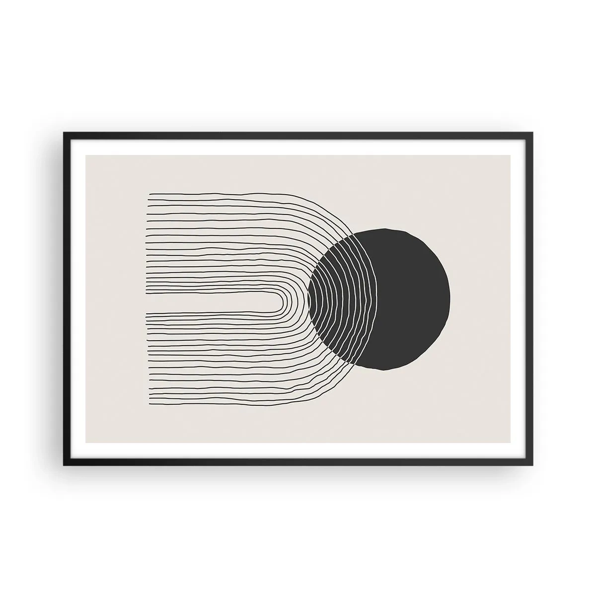 Affiche dans un cadre noir - Poster - Motif abstrait avec des lignes et un cercle noir sur un fond clair - 100x70cm - Tremblement et confiance - Décoration murale moderne pour le salon et la chambre ARTTOR