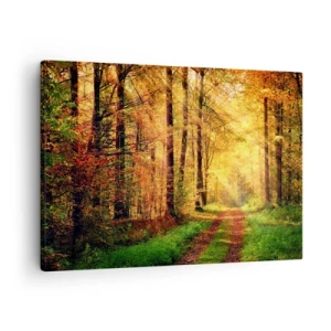 Impression sur toile - Image sur toile - Un chemin forestier entouré d'arbres dorés et verts - 70x50cm - Silence d'or en forêt - Décoration murale moderne pour le salon et la chambre ARTTOR