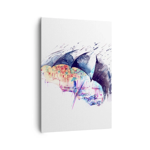 Impression sur toile - Image sur toile - Une ville colorée cachée sous des parapluies abstraits - 70x100cm - Se promener sous la pluie - Décoration murale moderne pour le salon et la chambre ARTTOR