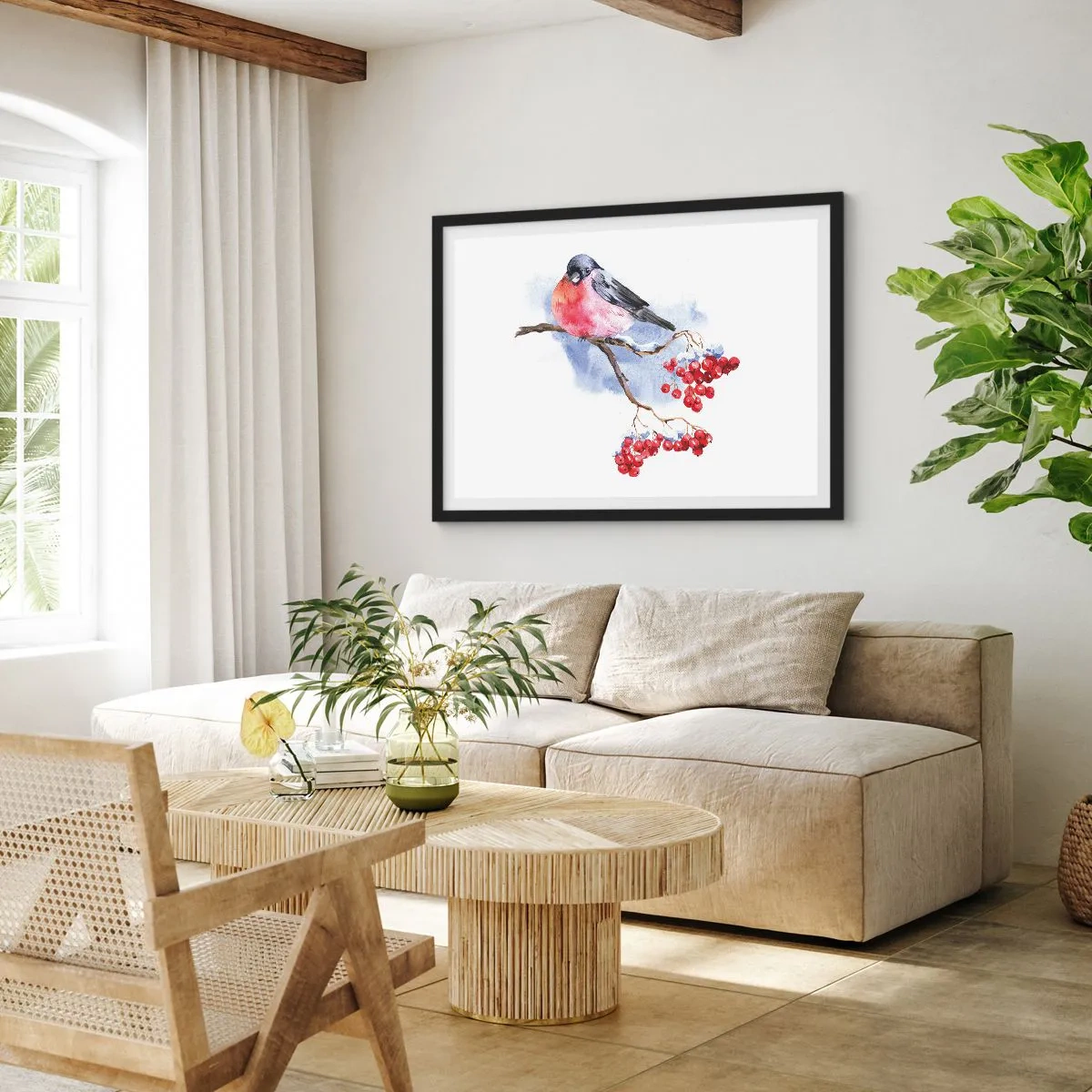 Affiche dans un cadre noir - Poster - Oiseau sur une branche avec des fruits rouges sur fond aquarelle - 70x50cm - L'hiver en couleurs - Décoration murale moderne pour le salon et la chambre ARTTOR