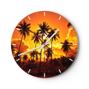 Horloge murale - Pendule murale - Palmiers sur fond de soleil couchant - 30x30cm - Montagnes en feu, forêts en feu - Décoration murale moderne pour le salon, la cuisine et la chambre ARTTOR
