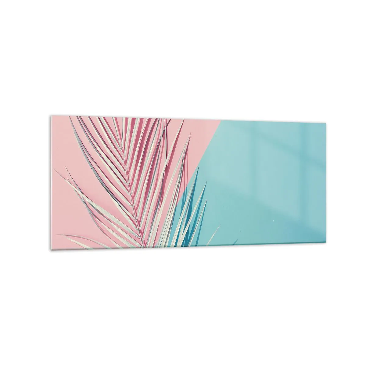 Impression sur verre - Image sur verre - Feuille tropicale sur un fond de tons pastel de rose et de bleu - 120x50cm - Impression tropicale - Décoration murale moderne pour le salon et la chambre ARTTOR
