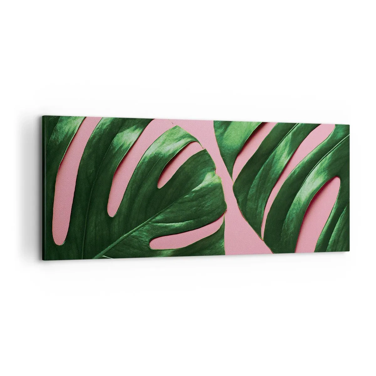 Impression sur toile - Image sur toile - Feuilles de monstera vertes sur fond rose - 120x50cm - Rendez-vous vert - Décoration murale moderne pour le salon et la chambre ARTTOR