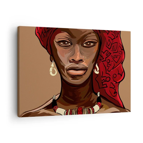 Impression sur toile - Image sur toile - Portrait d'une femme au turban rouge sur fond beige - 70x50cm - Vénus d'ébène - Décoration murale moderne pour le salon et la chambre ARTTOR