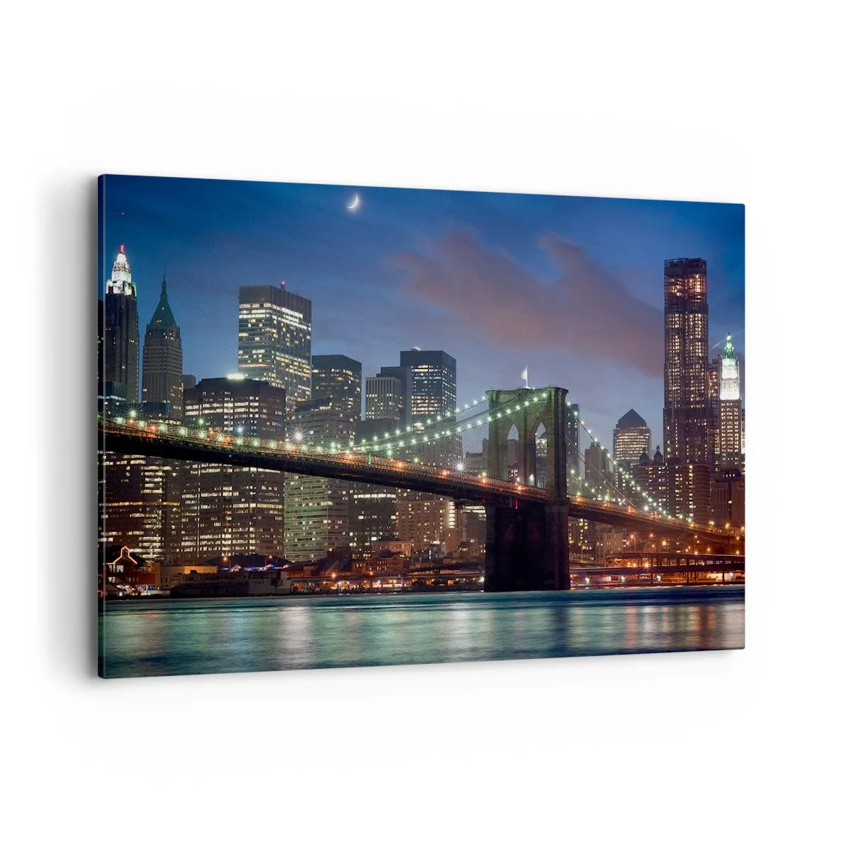 Impression sur toile - Image sur toile - Pont de New York la nuit avec bâtiments illuminés - 120x80cm - Nuit rougeoyante - Décoration murale moderne pour le salon et la chambre ARTTOR