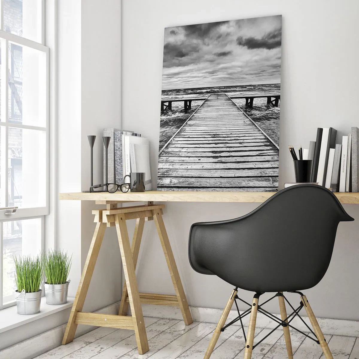 Impression sur verre - Image sur verre - Une vue en noir et blanc d'une jetée en bois sur une mer agitée. - 70x100cm - J'attends que le vent, ça le chassera... - Décoration murale moderne pour le salon et la chambre ARTTOR
