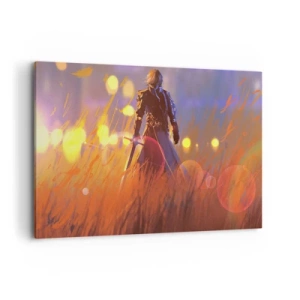 Impression sur toile - Image sur toile - La figure d'un chevalier à la lumière du soleil couchant dans un champ - 120x80cm - Chevalier errant - Décoration murale moderne pour le salon et la chambre ARTTOR