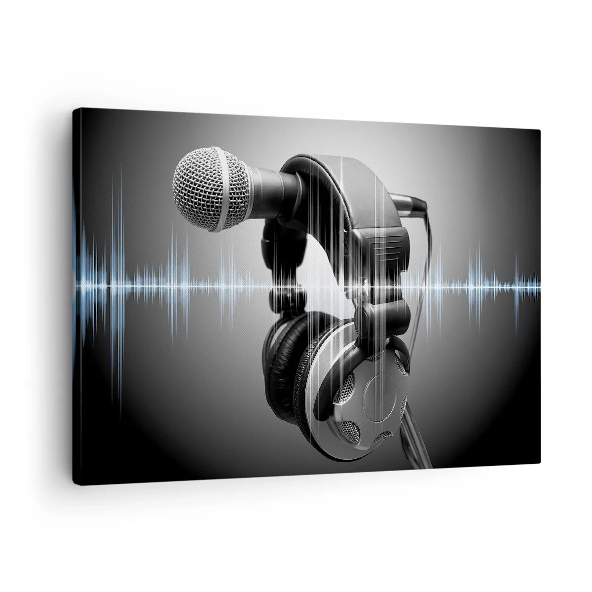 Impression sur toile - Image sur toile - Microphone et casque avec visualisation des ondes sonores en arrière-plan - 70x50cm - Vous pouvez encore entendre son chant - Décoration murale moderne pour le salon et la chambre ARTTOR