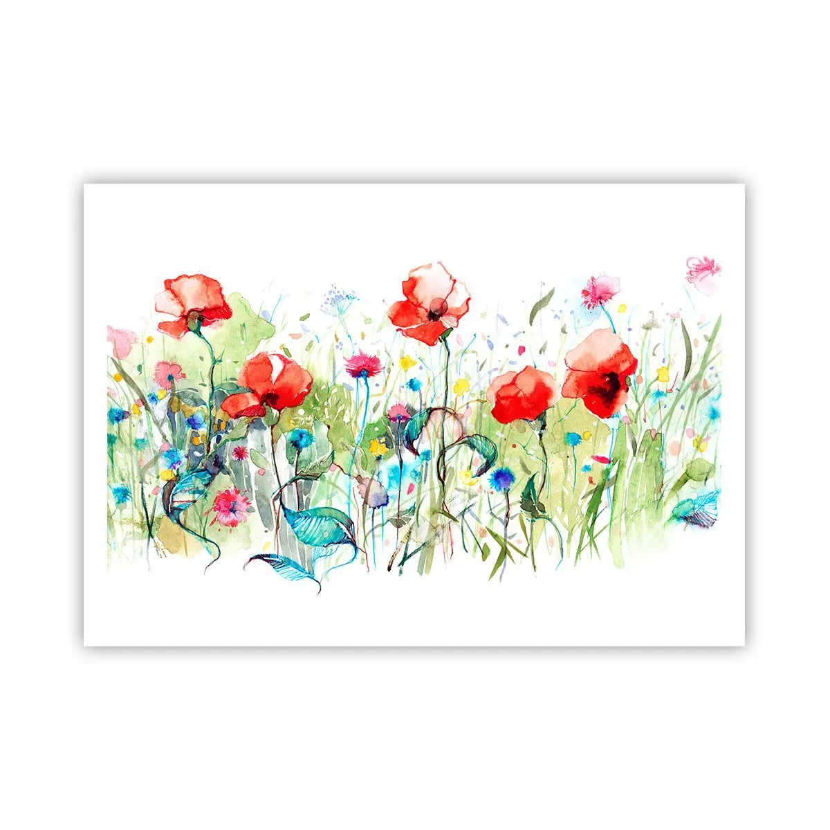 Affiche - Poster - Une prairie avec des coquelicots rouges et des fleurs colorées à l'aquarelle - 100x70cm - Prairie de fleurs en mai - Décoration murale moderne pour le salon et la chambre ARTTOR