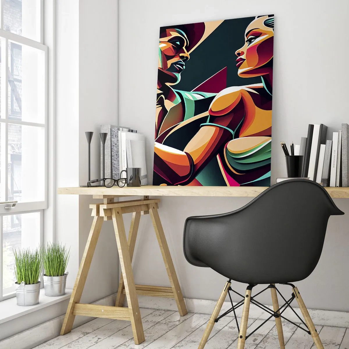 Impression sur verre - Image sur verre - Un couple stylisé dansant dans des couleurs vibrantes et géométriques. - 70x100cm - Au rythme du coeur - Décoration murale moderne pour le salon et la chambre ARTTOR