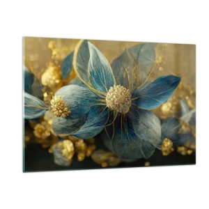 Impression sur verre - Image sur verre - Fleurs bleues et dorées avec une sensation luxueuse - 120x80cm - Fleurir avec de l'or - Décoration murale moderne pour le salon et la chambre ARTTOR