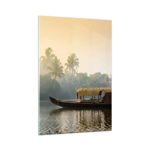 Impression sur verre - Image sur verre - Un bateau traditionnel sur une rivière calme parmi les palmiers - 80x120cm - Maison sur la rivière - Décoration murale moderne pour le salon et la chambre ARTTOR