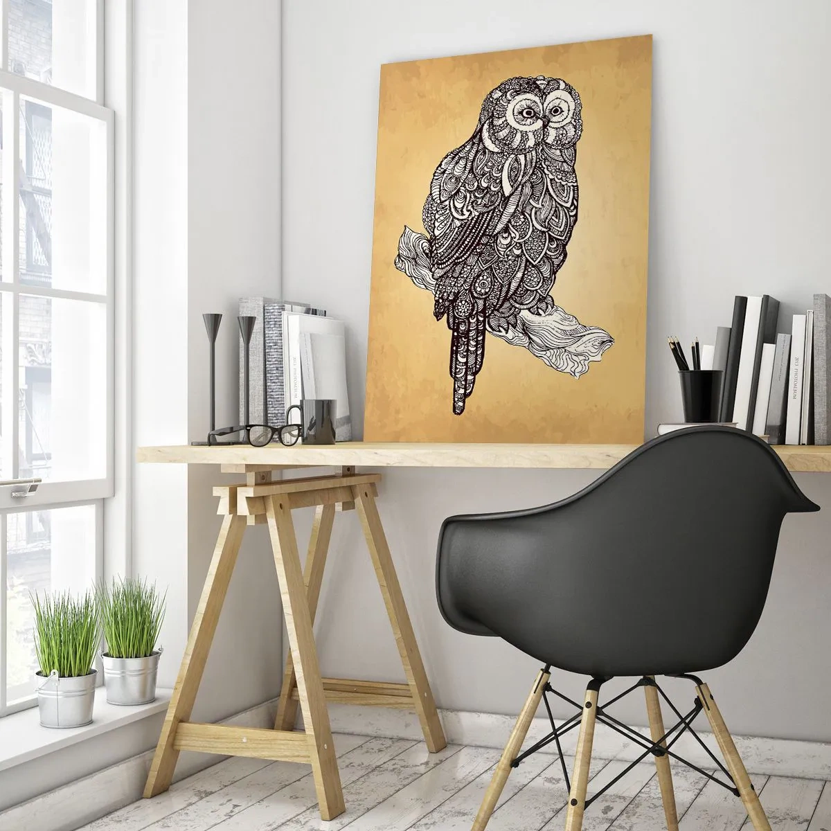 Impression sur verre - Image sur verre - Un hibou de style ornemental sur fond beige - 70x100cm - Ornements complexes de sagesse - Décoration murale moderne pour le salon et la chambre ARTTOR