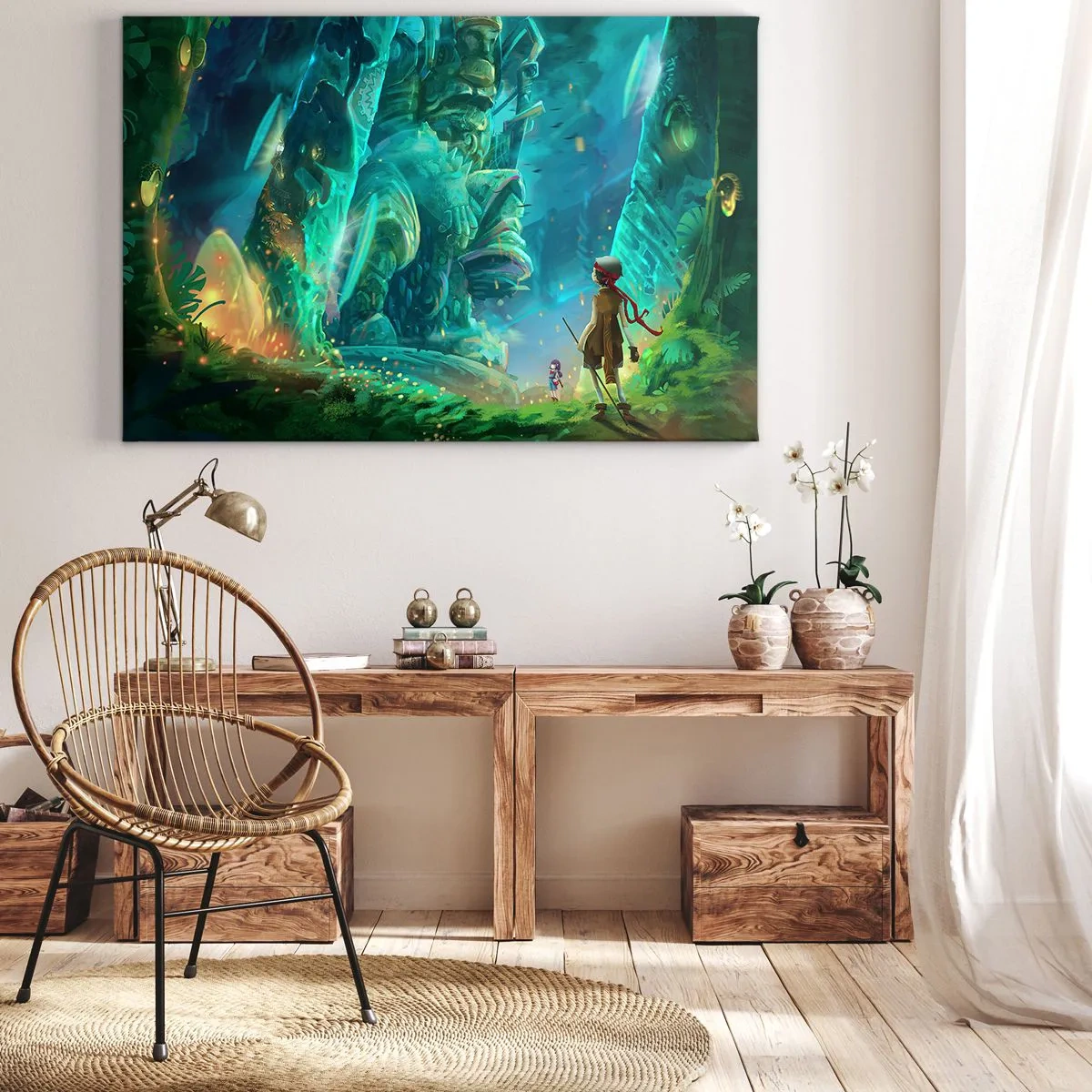 Impression sur toile - Image sur toile - Forêt magique avec un personnage d'explorateur - 120x80cm - Du grand livre des contes de fées - Décoration murale moderne pour le salon et la chambre ARTTOR