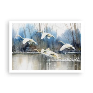 Affiche - Poster - Cygnes en vol au-dessus d'un lac gelé dans un paysage hivernal - 100x70cm - Comme dans un conte de fées sur les cygnes sauvages - Décoration murale moderne pour le salon et la chambre ARTTOR
