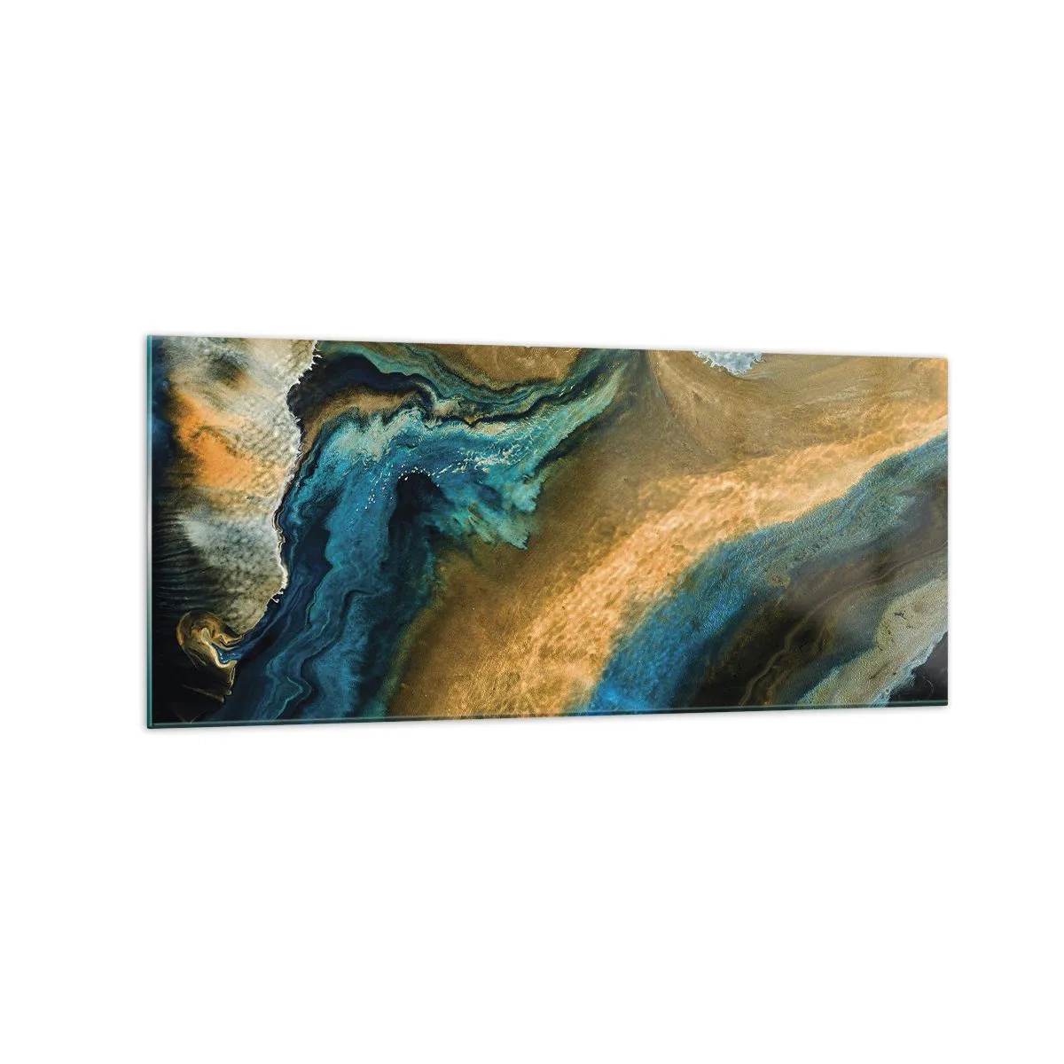 Impression sur verre - Image sur verre - Vagues abstraites dans des tons d'or et de bleu - 120x50cm - Bleu - jaune - influences mutuelles - Décoration murale moderne pour le salon et la chambre ARTTOR