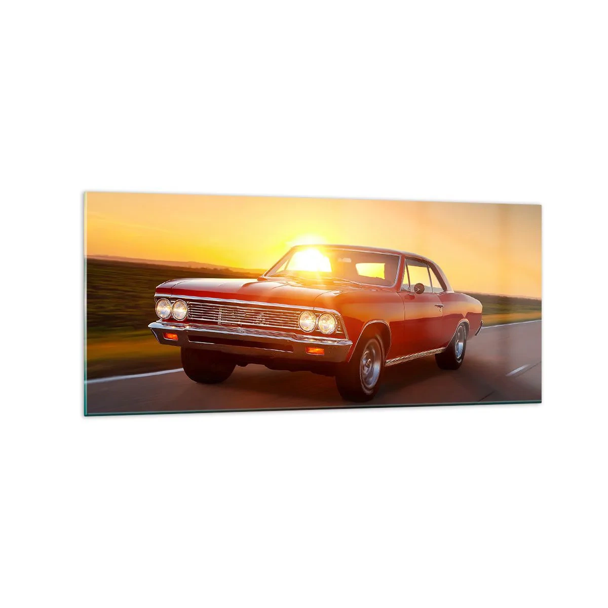 Impression sur verre - Image sur verre - Une voiture rouge au soleil couchant sur une route ouverte - 120x50cm - Le désir est de couleur rouge - Décoration murale moderne pour le salon et la chambre ARTTOR