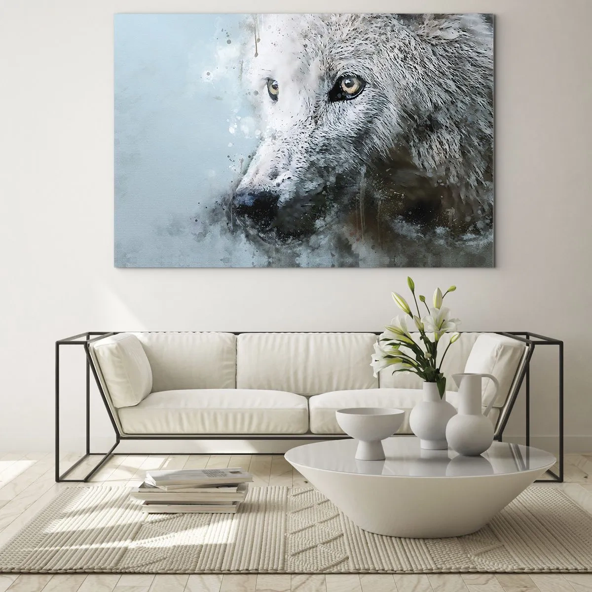 Impression sur verre - Image sur verre - Portrait de loup aux accents artistiques et flous dans des tons de bleu - 70x50cm - Rencontrez l'âme du loup - Décoration murale moderne pour le salon et la chambre ARTTOR
