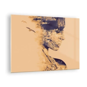 Impression sur verre - Image sur verre - Silhouette d'une femme avec un motif de paysage et d'oiseaux - 70x50cm - Beauté de la nature - Décoration murale moderne pour le salon et la chambre ARTTOR