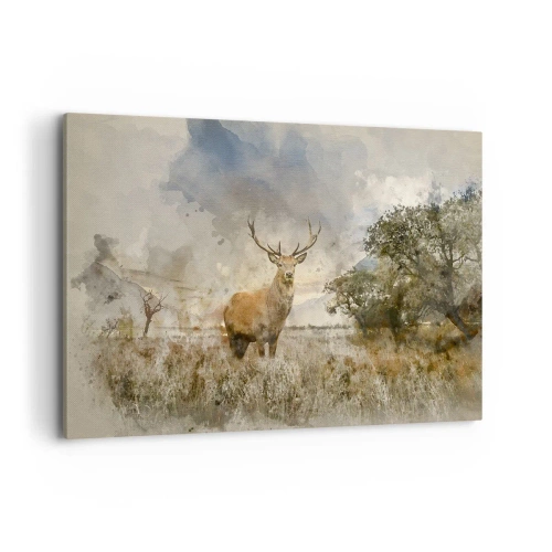 Impression sur toile - Image sur toile - Un cerf dans un cadre naturel dans un style aquarelle - 120x80cm - Dignité - force - majesté - Décoration murale moderne pour le salon et la chambre ARTTOR