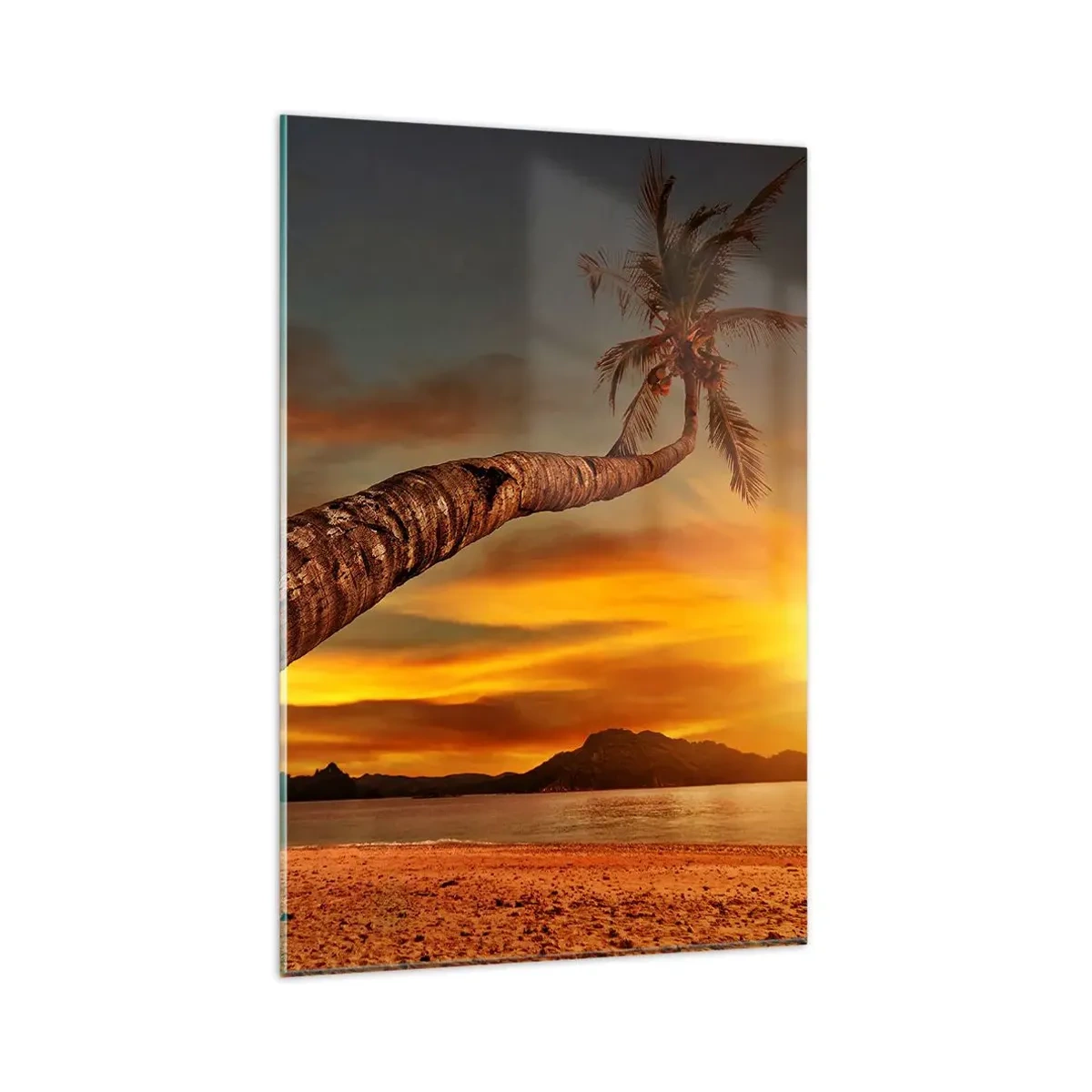 Impression sur verre - Image sur verre - Palmier sur la plage au coucher du soleil avec vue sur la mer - 80x120cm - Vacances exotiques, aventure caribéenne - Décoration murale moderne pour le salon et la chambre ARTTOR