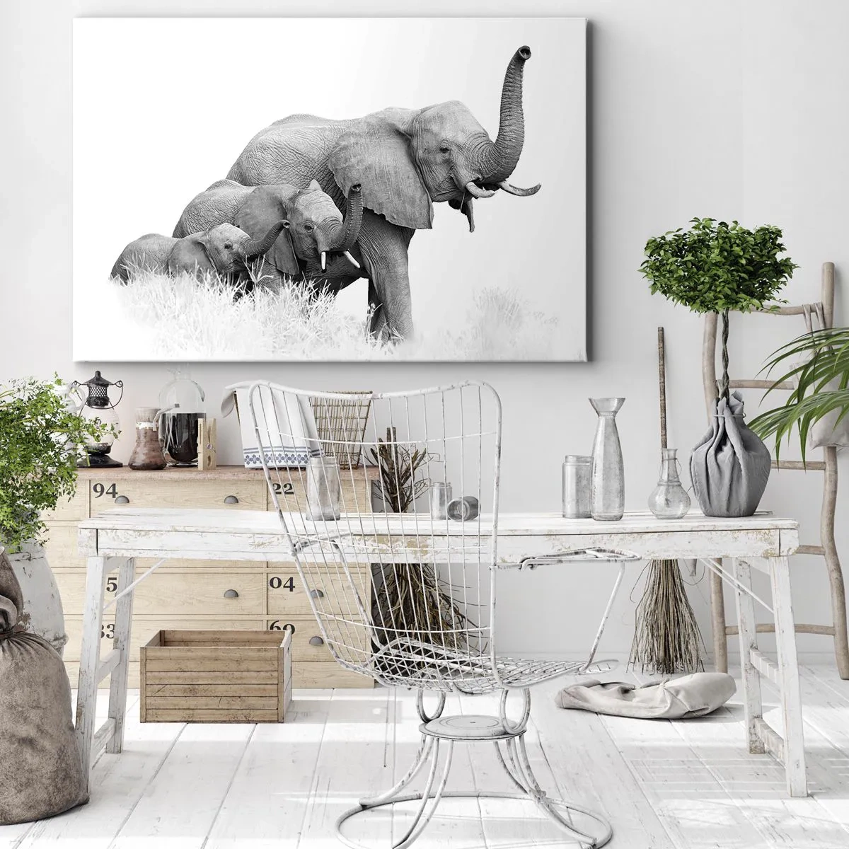 Impression sur toile - Image sur toile - Une famille d'éléphants sur fond de paysage africain en noir et blanc. - 100x70cm - Un, deux, trois - Décoration murale moderne pour le salon et la chambre ARTTOR